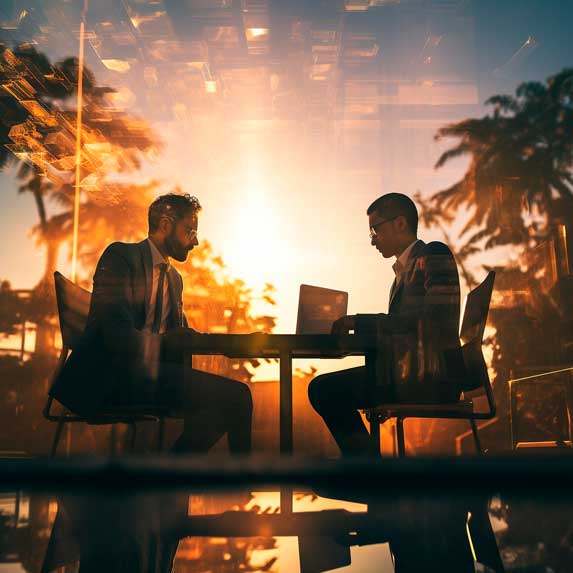 Dois executivos em reunião em uma sala aberta e ensolarada.